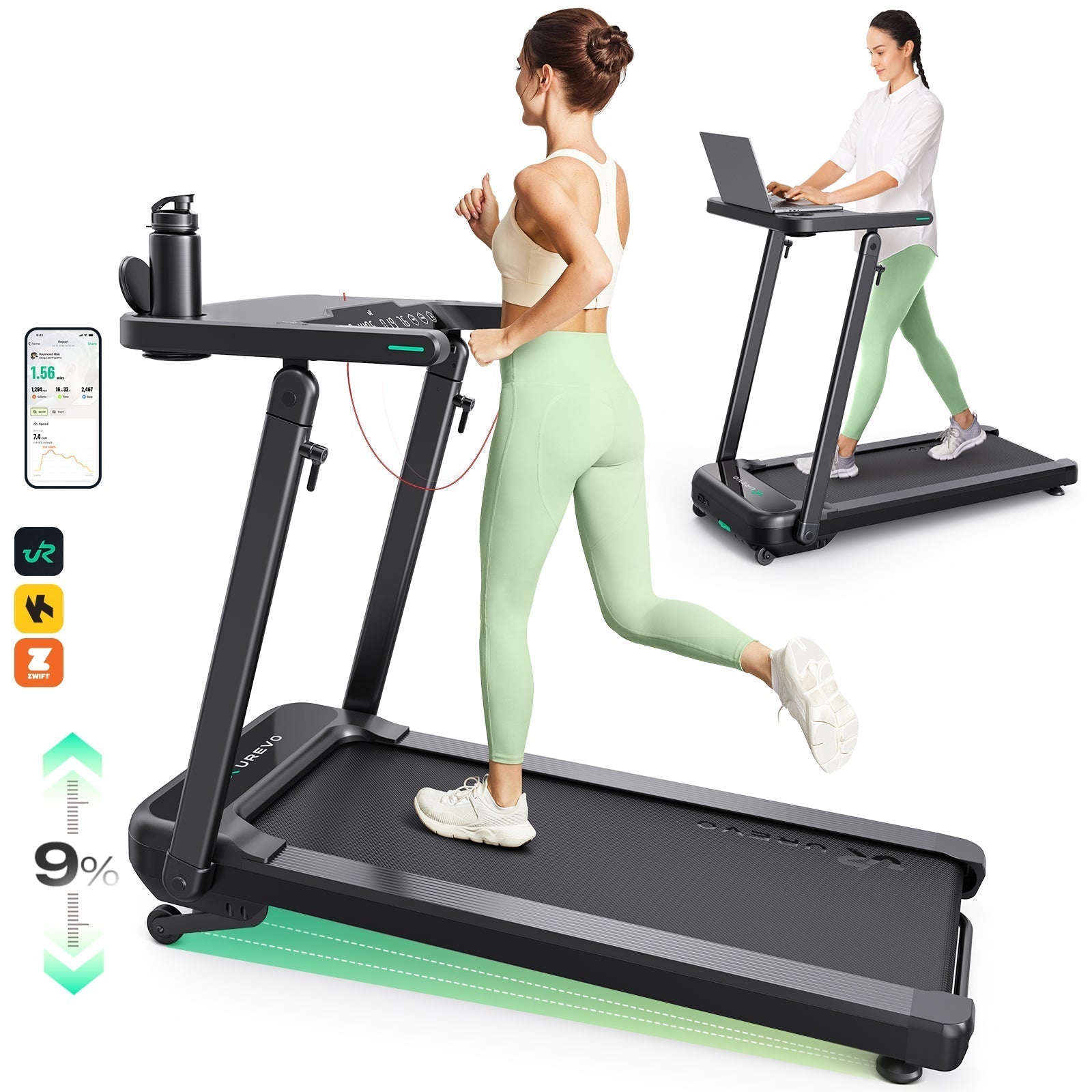 A woman runs on a treadmill with a 9% incline, while another uses it as a standing desk with a laptop.