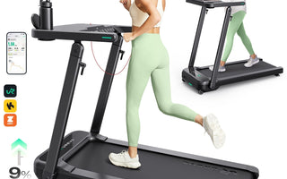 A woman runs on a treadmill with a 9% incline, while another uses it as a standing desk with a laptop.