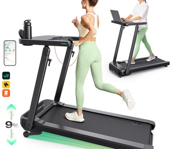 A woman runs on a treadmill with a 9% incline, while another uses it as a standing desk with a laptop.