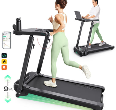 A woman runs on a treadmill with a 9% incline, while another uses it as a standing desk with a laptop.