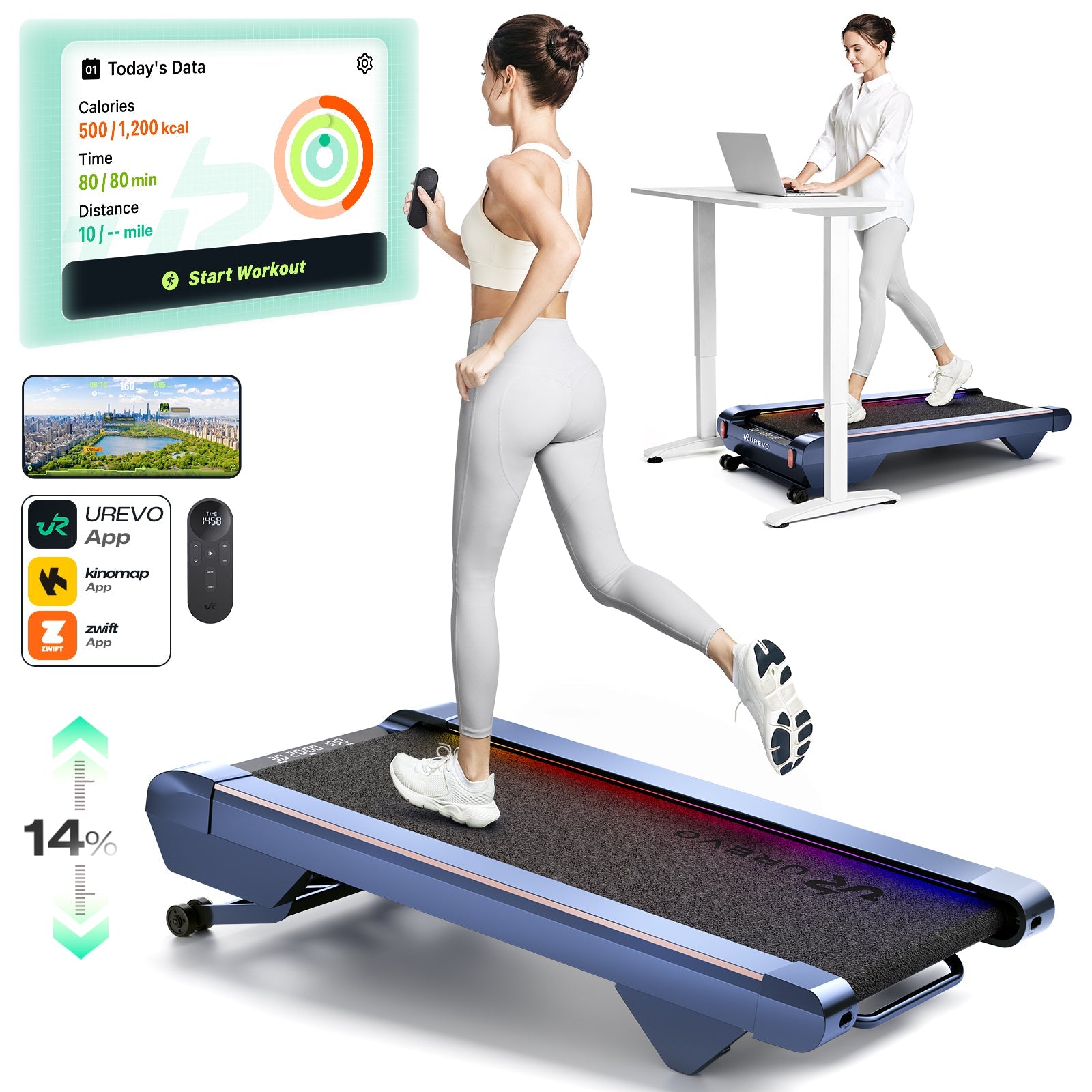 A woman running on a UREVO treadmill, with app integration and adjustable desk setup