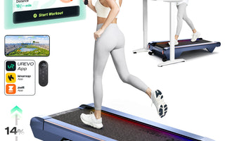 A woman running on a UREVO treadmill, with app integration and adjustable desk setup