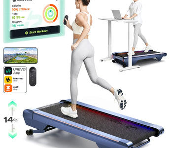 A woman running on a UREVO treadmill, with app integration and adjustable desk setup