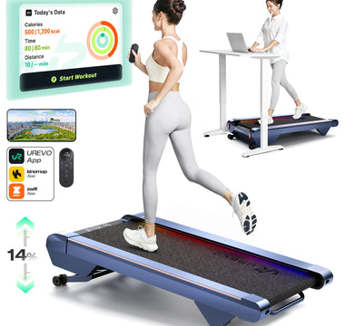 A woman running on a UREVO treadmill, with app integration and adjustable desk setup