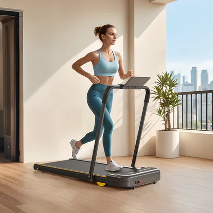 A woman runs on a treadmill in a sunny balcony setting.