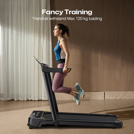 A woman in blue and pink athletic wear is running on a treadmill in a room with curtains.