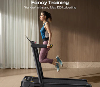 A woman in blue and pink athletic wear is running on a treadmill in a room with curtains.