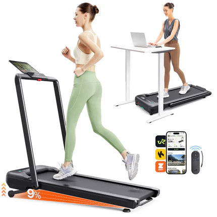 A woman running on a treadmill with app integration, and another using it as a standing desk in a modern setting.