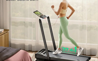 A woman running on a treadmill with auto incline features for better calorie burn.