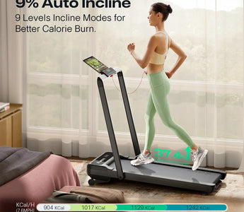 A woman running on a treadmill with auto incline features for better calorie burn.