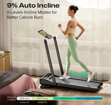 A woman running on a treadmill with auto incline features for better calorie burn.