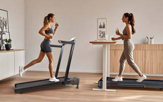 Two women are exercising on treadmills in a modern, minimalist room with wooden floors