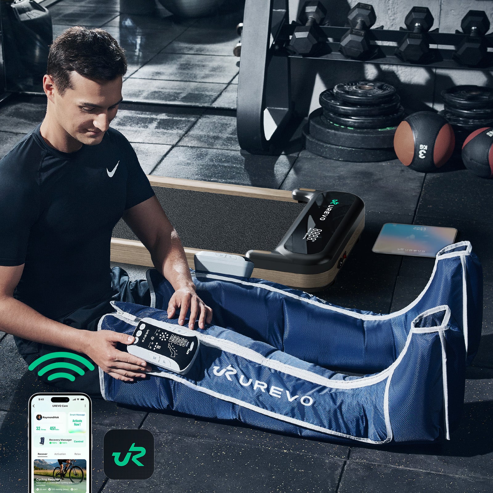 UREVO Care Wireless Recovery Massager for gym use, with app control and wireless design.