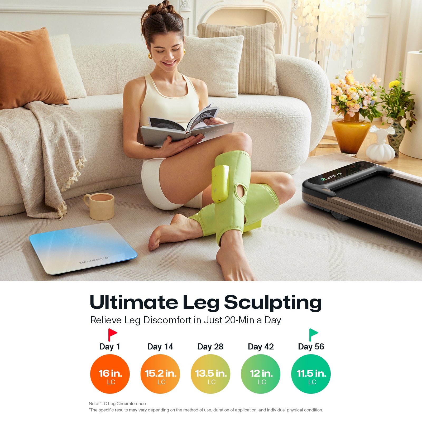 Woman relaxing with UREVO Care wireless leg massager, reading on a cozy sofa.