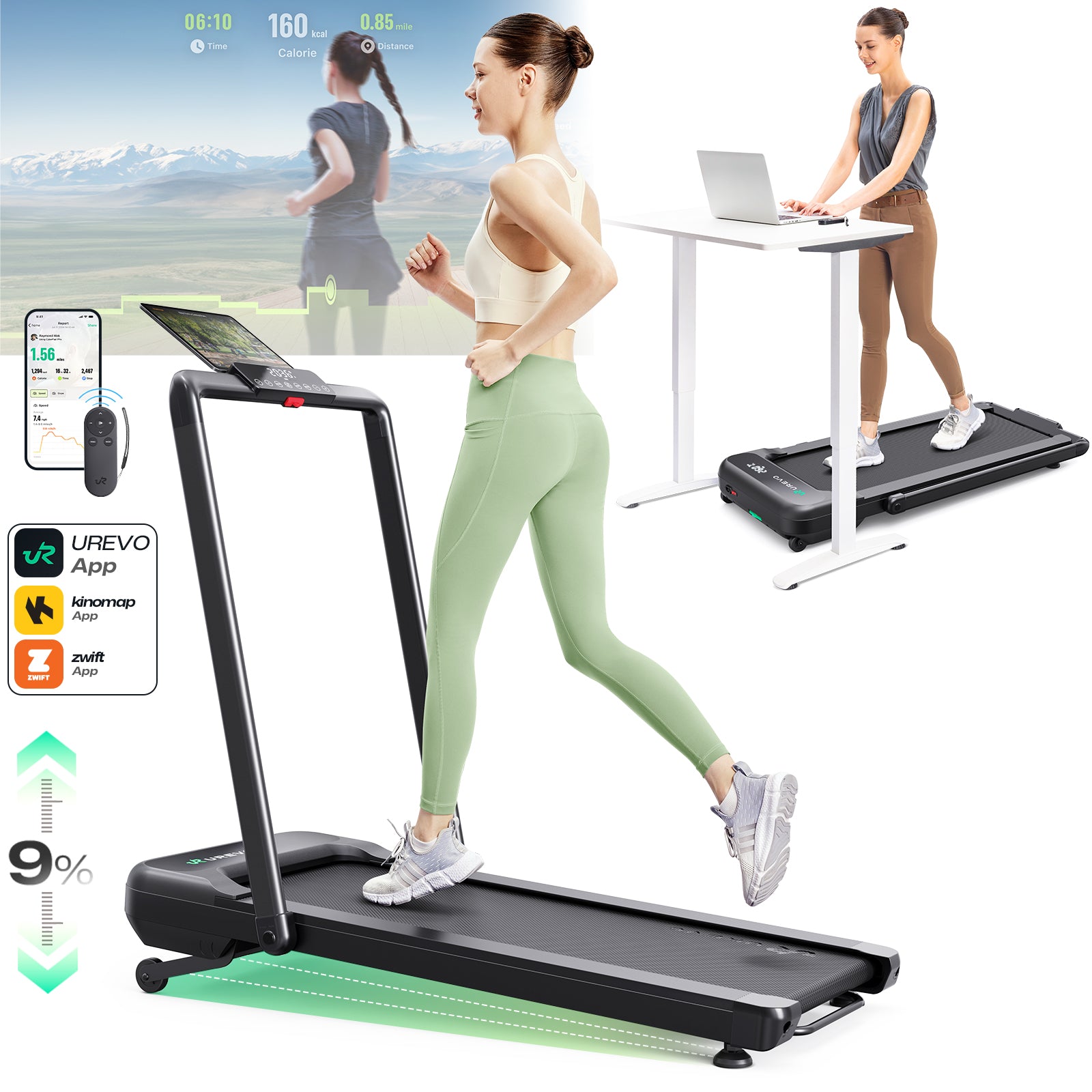 Woman running on UREVO Strol 2S Pro Treadmill with app integration and incline settings