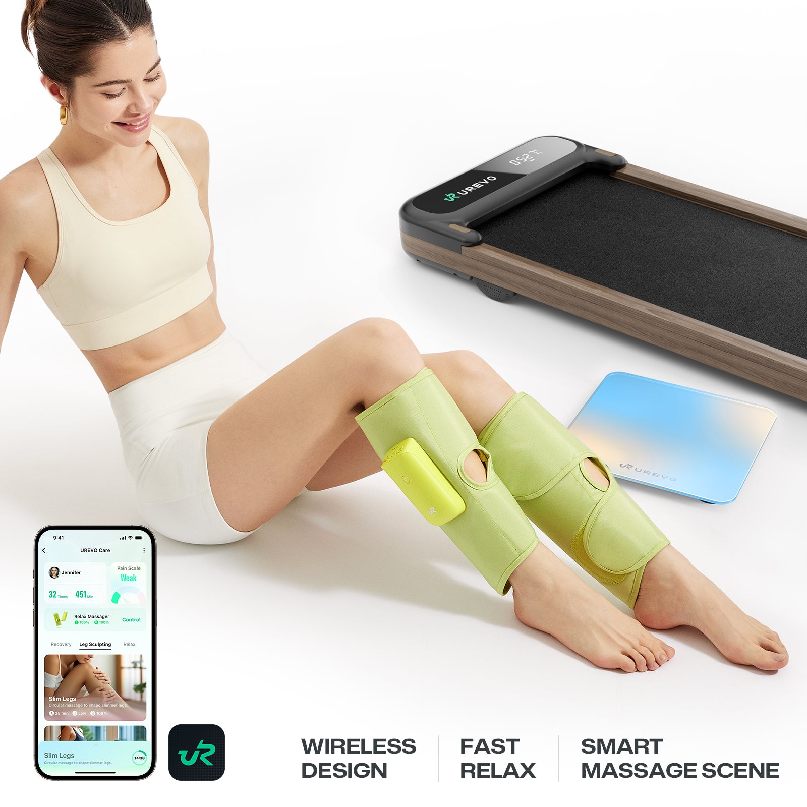 A woman relaxing with leg massagers next to a treadmill and smartphone.